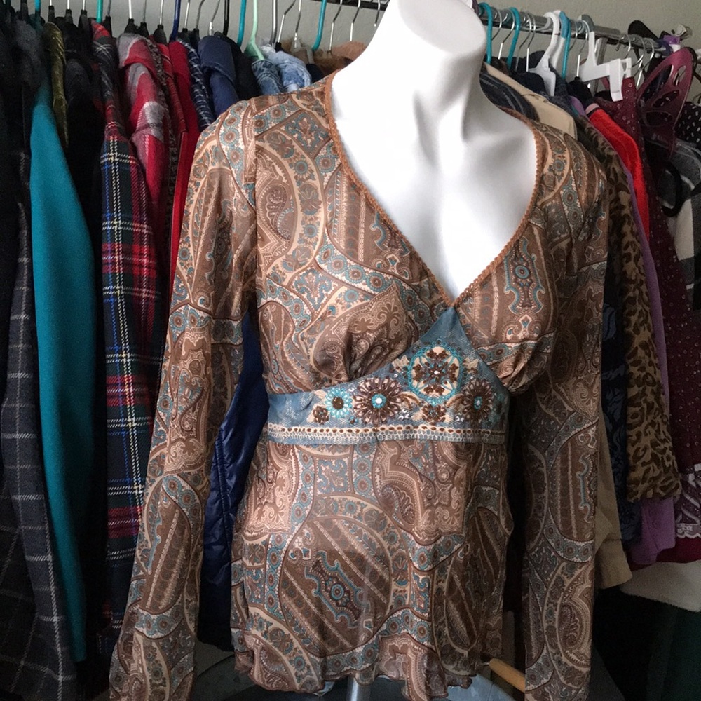 Vintage Y2K Brown Teal Fairy Paisley Babydoll Top Mesh Tie Back Cinched Sleeve